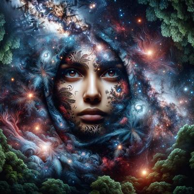 The primary subject of the image is a woman with a flowing blue and white dress, adorned with intricate patterns and designs. She is surrounded by a vibrant and colorful background, which includes a tree and a sky filled with stars. The visual style of the image is a combination of digital art and illustration, creating a surreal and dreamlike atmosphere. The colors and mood of the image are predominantly blue, white, and red, with a sense of wonder and enchantment.